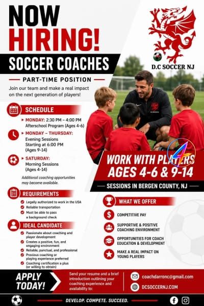 Part-Time Soccer Coaches Wanted – Bergen County, New Jersey (USA)